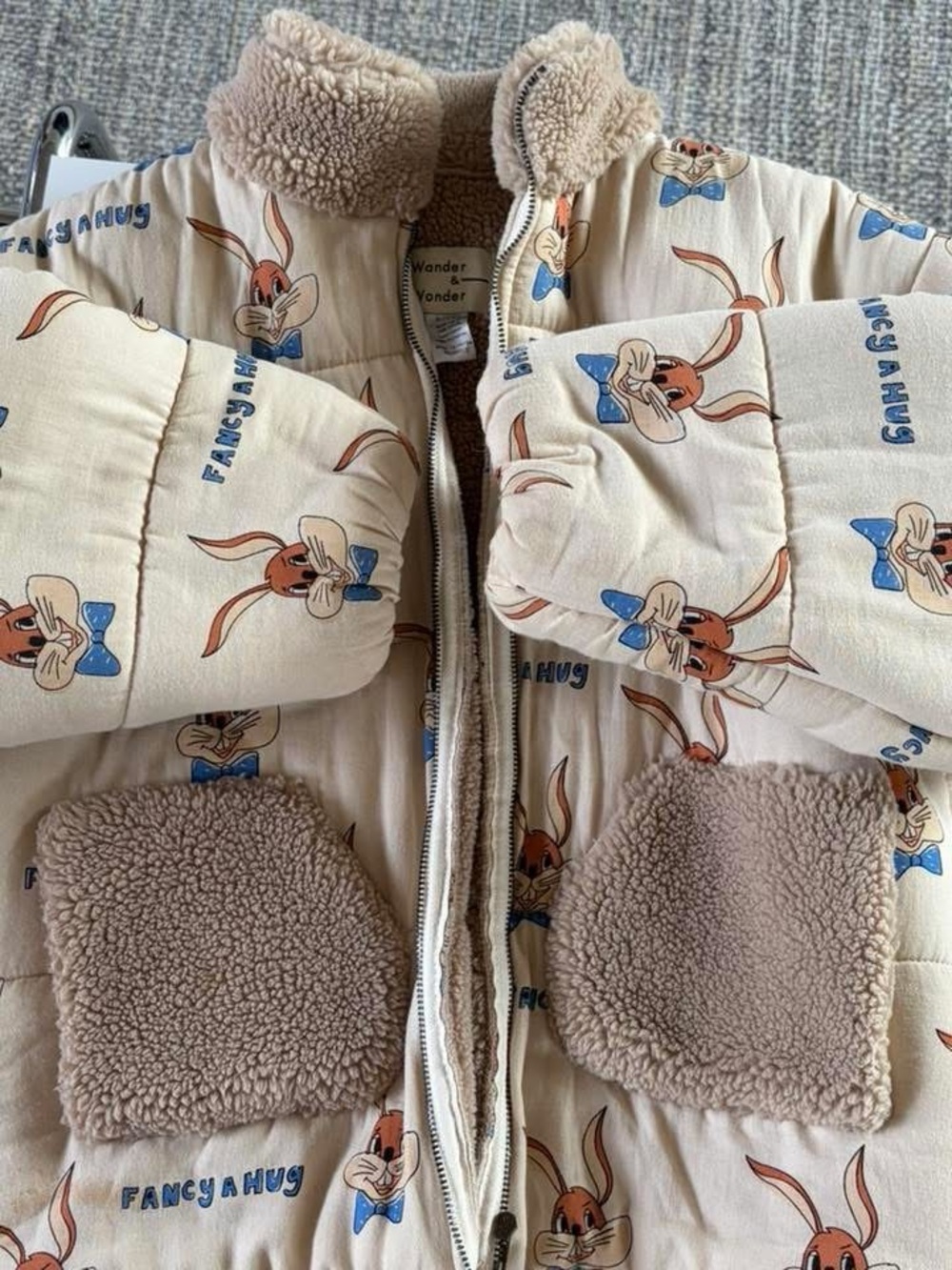 Wander&wonder Cute Bunny Print Puffer Jacket in Cream with Taupe Sherpa Pockets